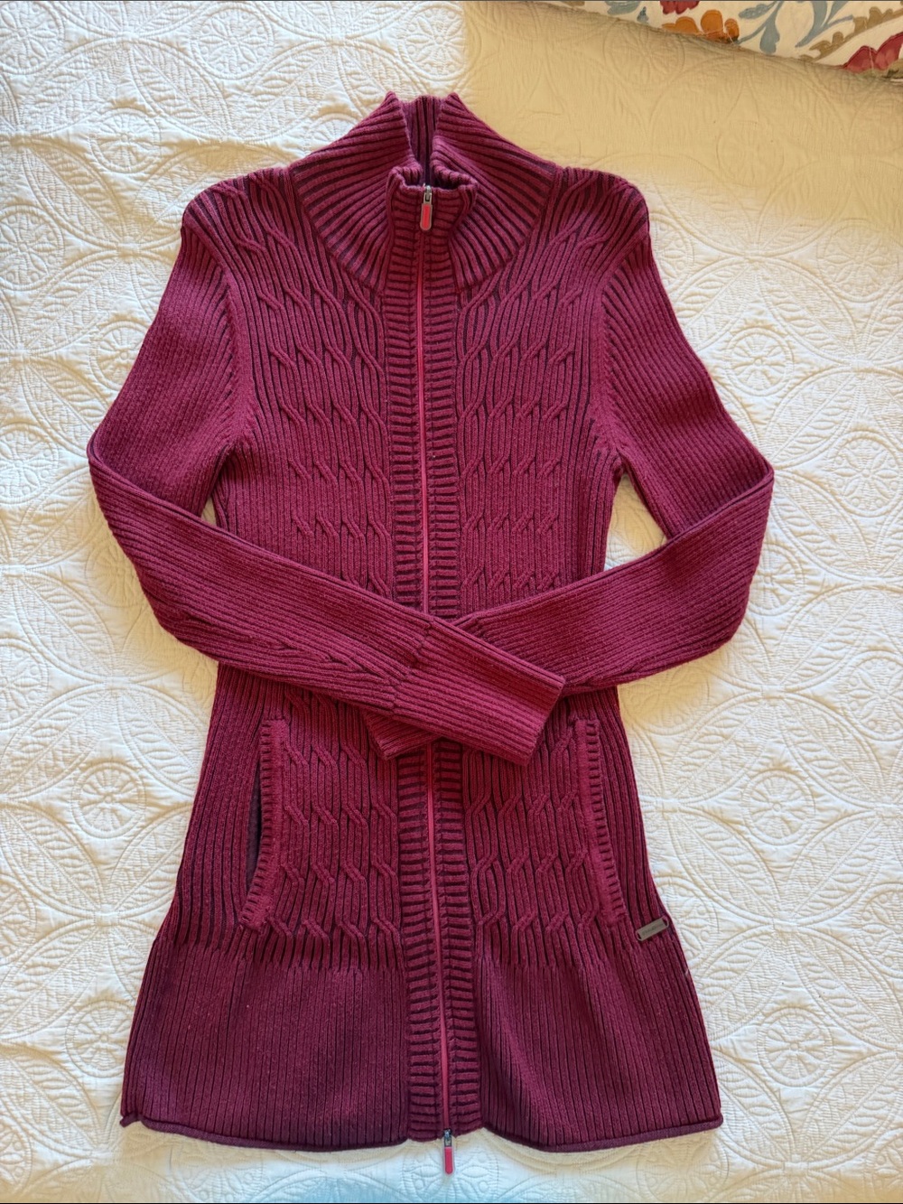 Eddie Bauer Ribbed Cable-Knit Zip Cardigan - Wine